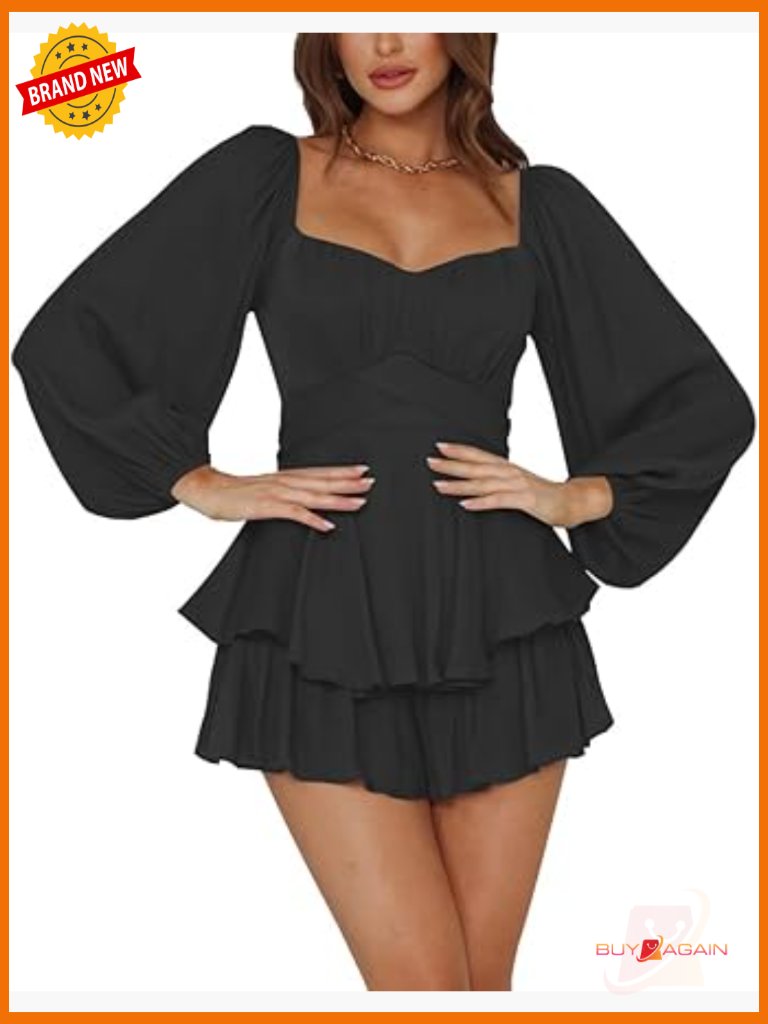Long Sleeve Lantern Ruffle Romper Jumpsuit Tie Waist